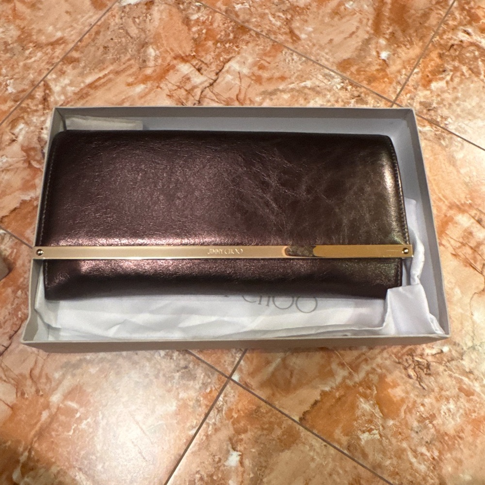 New in Box Jimmy Choo Metallic Burgundy Brown Clutch
